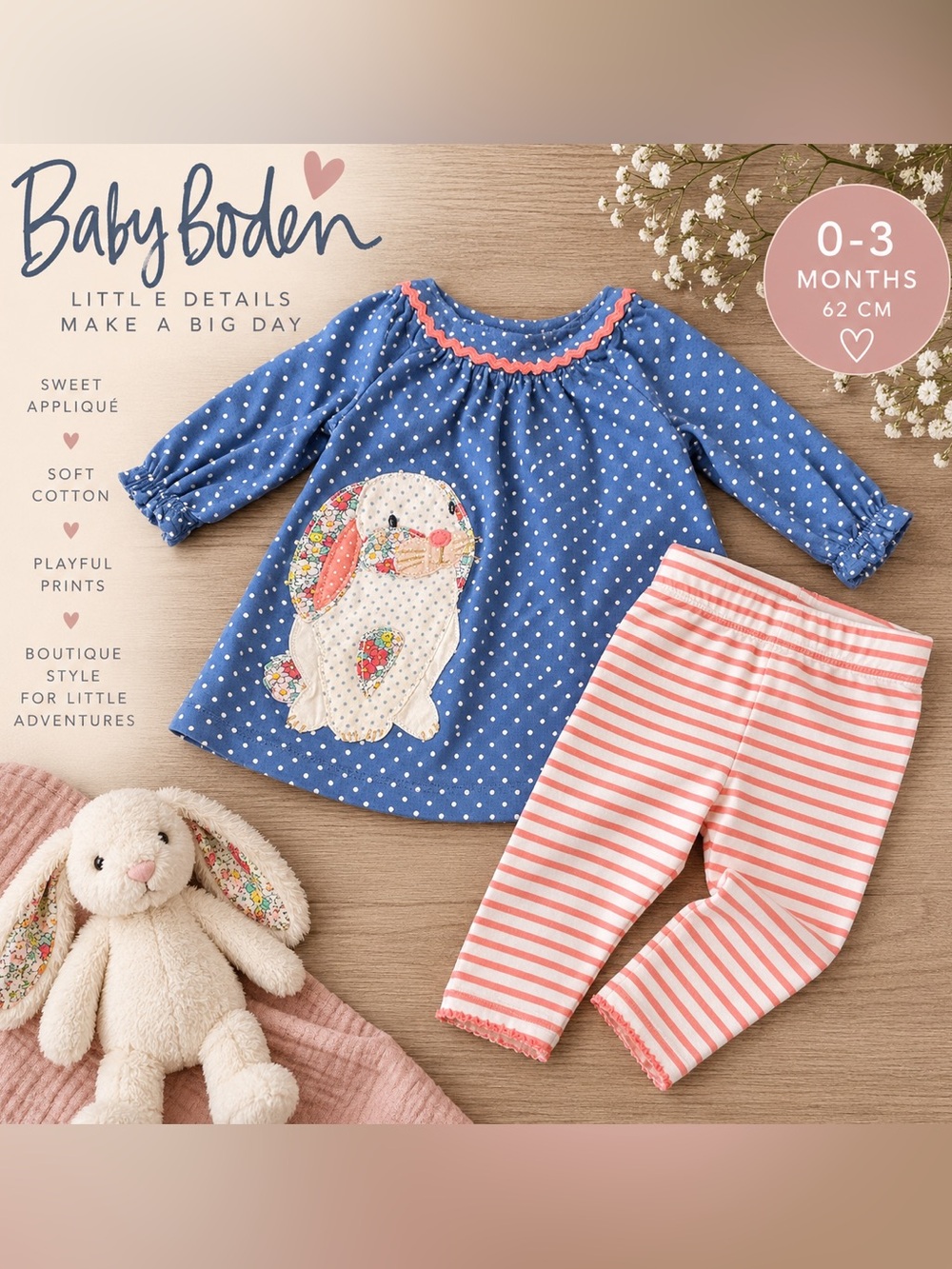 Baby Boden Bunny Applique Tunic & Leggings Set 0-3M Floral Polka Dot